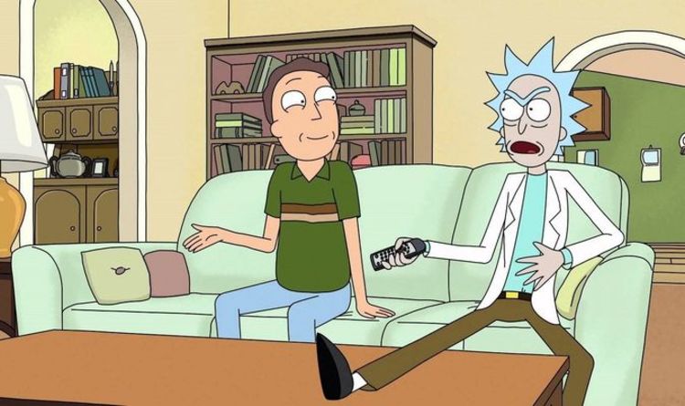 Rick and Morty shot of Jerry Smith and Rick Sanchez on Couch